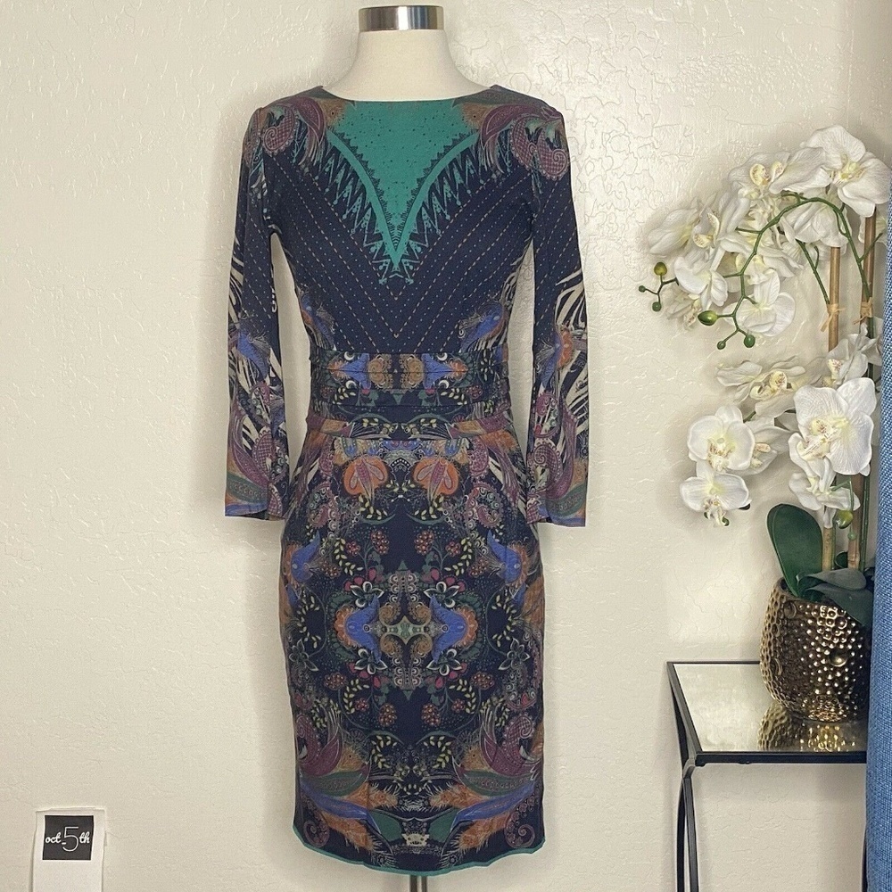 Etro Multicolor Pleated Waist 3/4 Sleeve Dress